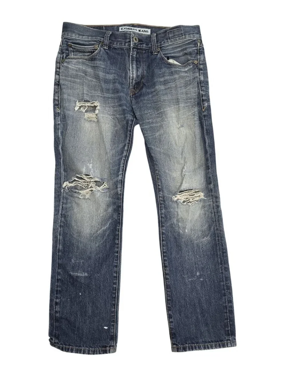 Express Mens Distressed Straight-Leg Blue Jeans 31x30 - Casual Denim Pants